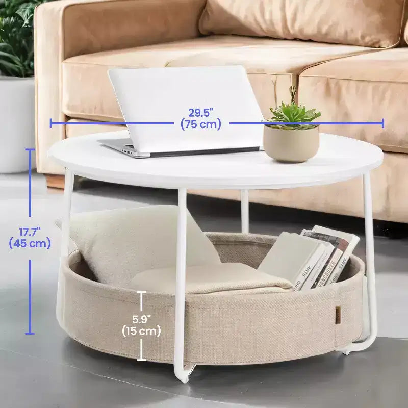Mesa de centro redonda con estructura metálica, estilo moderno, para sala de estar, con espacio de almacenamiento y cesta de tela
