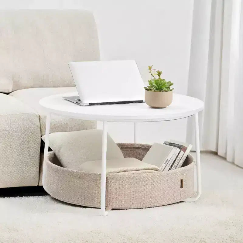 Table basse ronde avec structure en métal, style moderne pour salon, avec rangement et panier en tissu
