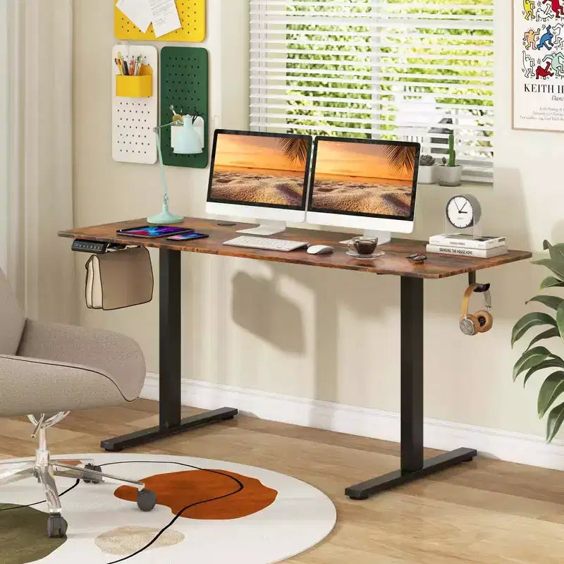 Bureau assis-debout de 63 x 24 Inch, électrique et réglable en hauteur, naturel/marron/blanc