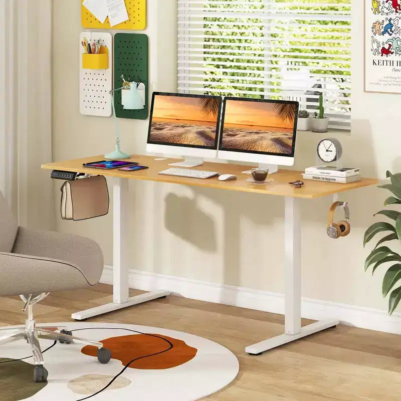 Bureau assis-debout de 63 x 24 Inch, électrique et réglable en hauteur, naturel/marron/blanc