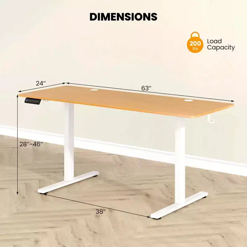 Bureau assis-debout de 63 x 24 Inch, électrique et réglable en hauteur, naturel/marron/blanc