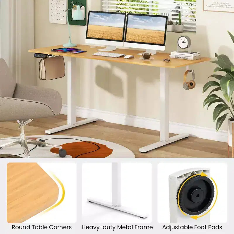 Bureau assis-debout de 63 x 24 Inch, électrique et réglable en hauteur, naturel/marron/blanc