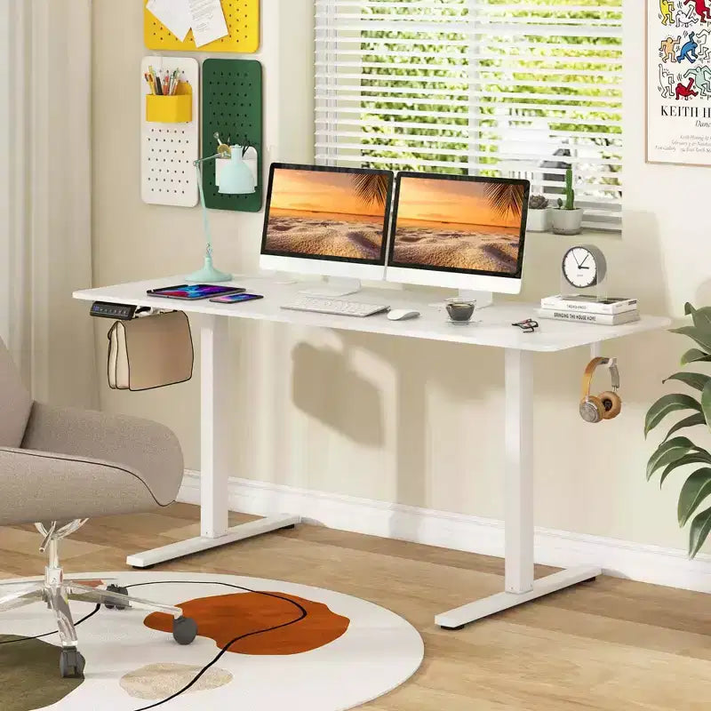Bureau assis-debout de 63 x 24 Inch, électrique et réglable en hauteur, naturel/marron/blanc