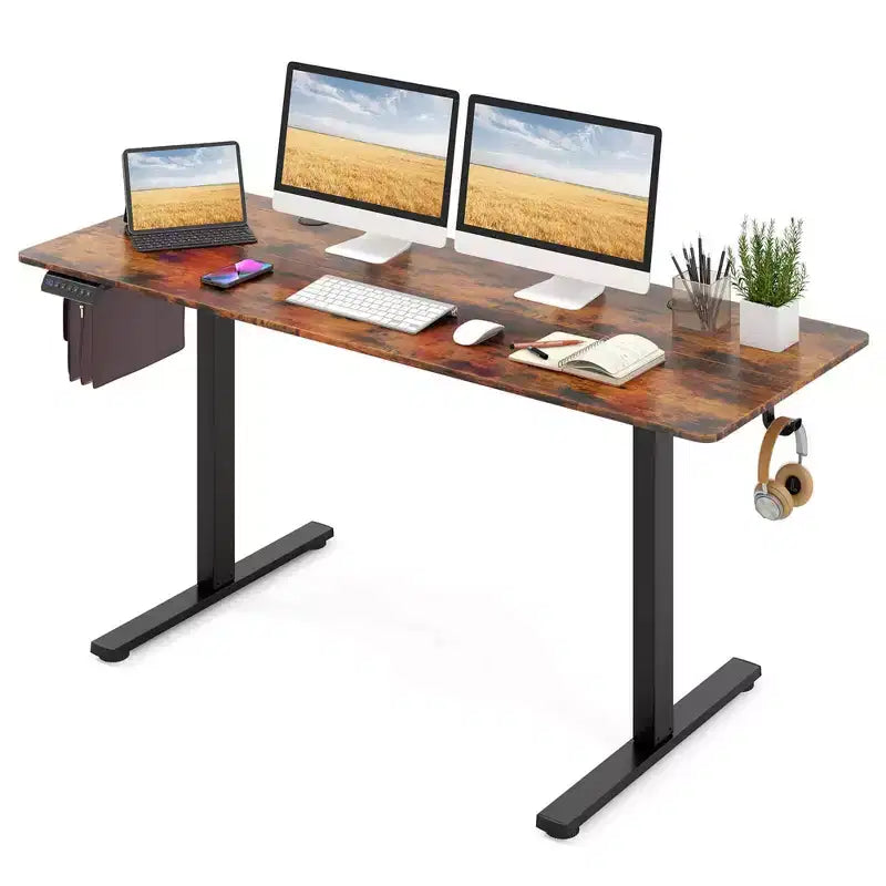 Bureau assis-debout de 63 x 24 Inch, électrique et réglable en hauteur, naturel/marron/blanc