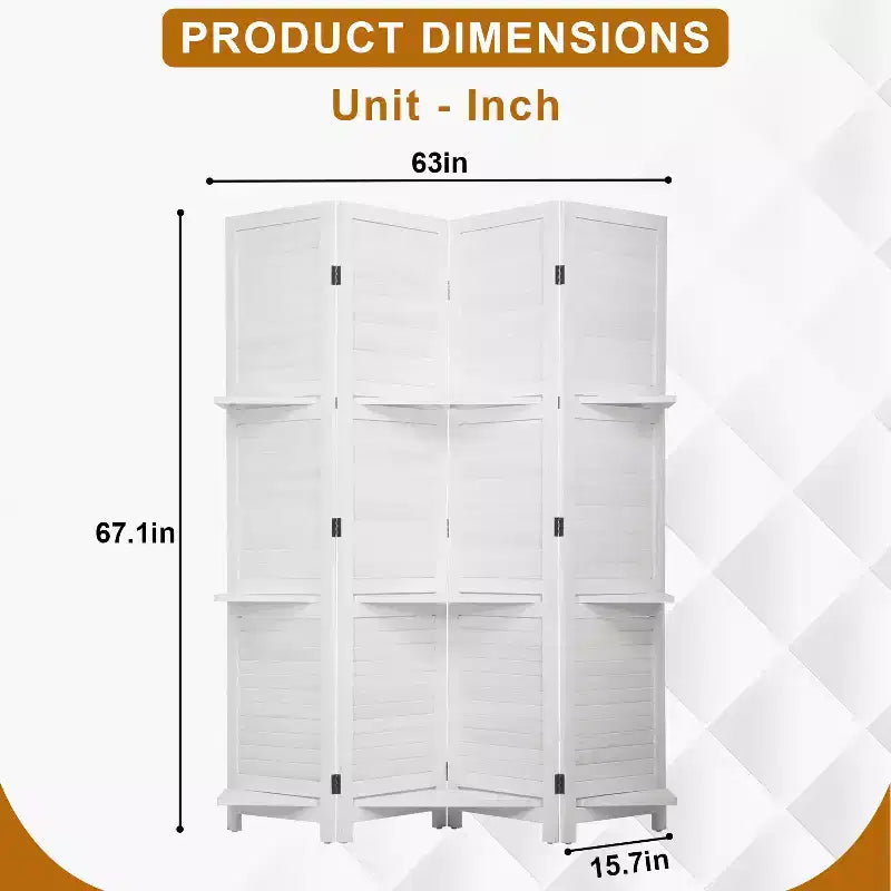 Separador de ambientes plegable de madera de 4 paneles con 3 ingeniosos estantes, biombo portátil para oficina en casa o sala de estar