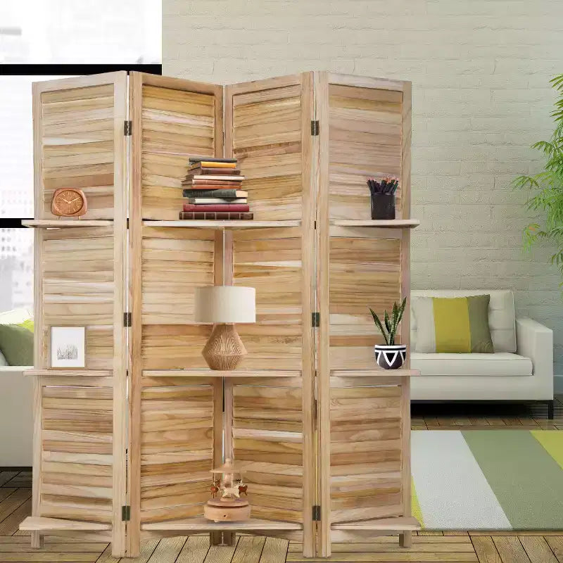 Paravent pliant en bois à 4 panneaux pour préserver l’intimité, avec 3 étagères astucieuses, cloison portable pour bureau à domicile ou salon