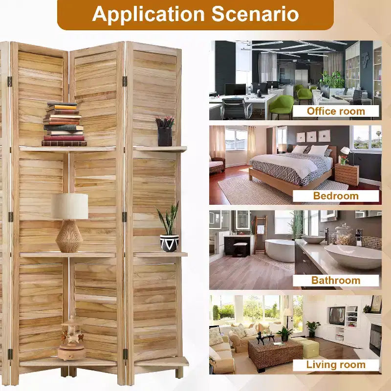 Separador de ambientes plegable de madera de 4 paneles con 3 ingeniosos estantes, biombo portátil para oficina en casa o sala de estar