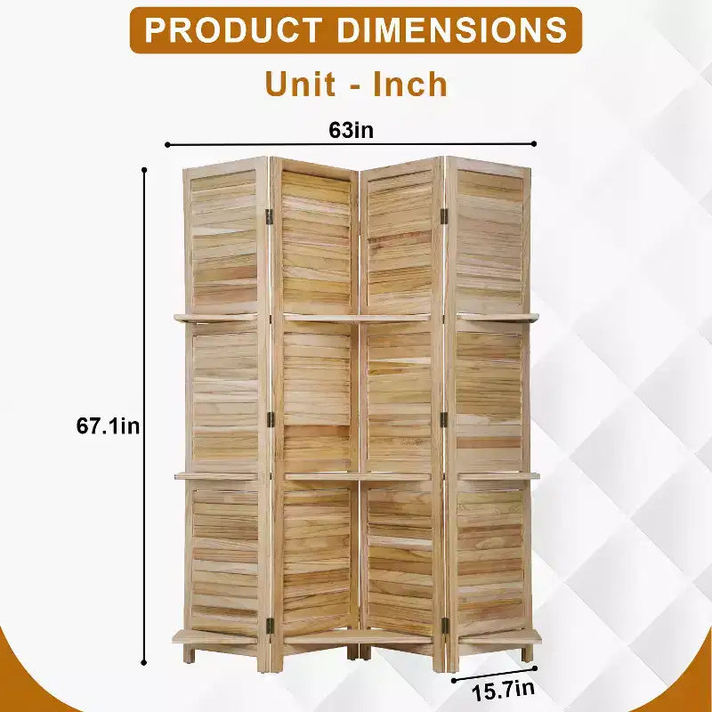 Separador de ambientes plegable de madera de 4 paneles con 3 ingeniosos estantes, biombo portátil para oficina en casa o sala de estar