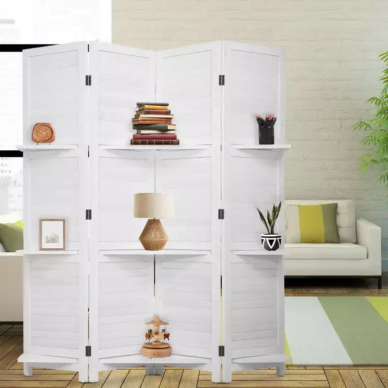 Separador de ambientes plegable de madera de 4 paneles con 3 ingeniosos estantes, biombo portátil para oficina en casa o sala de estar
