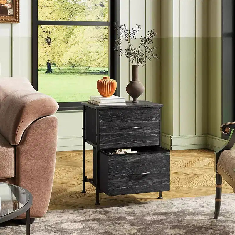 Nachttisch-Set aus 2 Stück, Kommode mit 2 Schubladen fürs Schlafzimmer, Schlafzimmermöbel, Nachttisch, Beistelltisch mit Stoffkörben für Schlafzimmer und Kleiderschrank