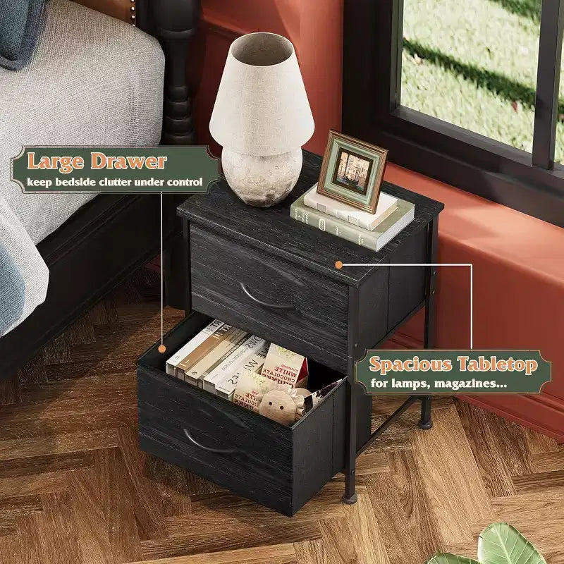 Nachttisch-Set aus 2 Stück, Kommode mit 2 Schubladen fürs Schlafzimmer, Schlafzimmermöbel, Nachttisch, Beistelltisch mit Stoffkörben für Schlafzimmer und Kleiderschrank