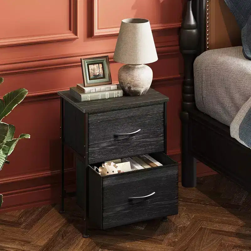Nachttisch-Set aus 2 Stück, Kommode mit 2 Schubladen fürs Schlafzimmer, Schlafzimmermöbel, Nachttisch, Beistelltisch mit Stoffkörben für Schlafzimmer und Kleiderschrank