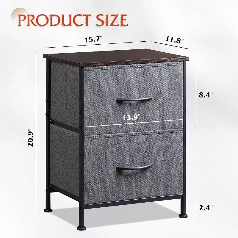Nachttisch-Set aus 2 Stück, Kommode mit 2 Schubladen fürs Schlafzimmer, Schlafzimmermöbel, Nachttisch, Beistelltisch mit Stoffkörben für Schlafzimmer und Kleiderschrank