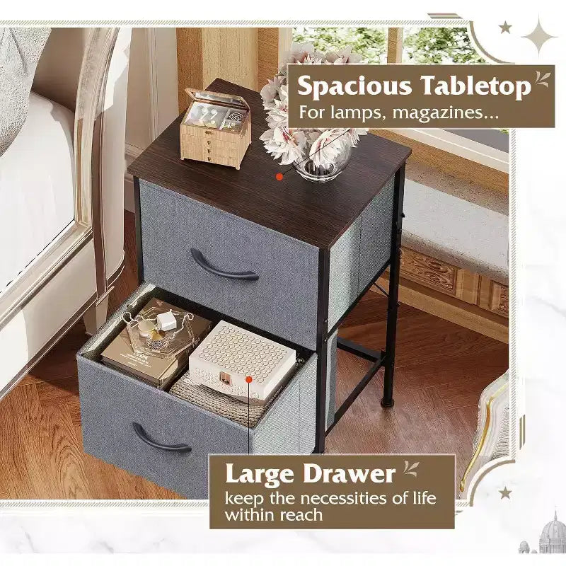 Nachttisch-Set aus 2 Stück, Kommode mit 2 Schubladen fürs Schlafzimmer, Schlafzimmermöbel, Nachttisch, Beistelltisch mit Stoffkörben für Schlafzimmer und Kleiderschrank