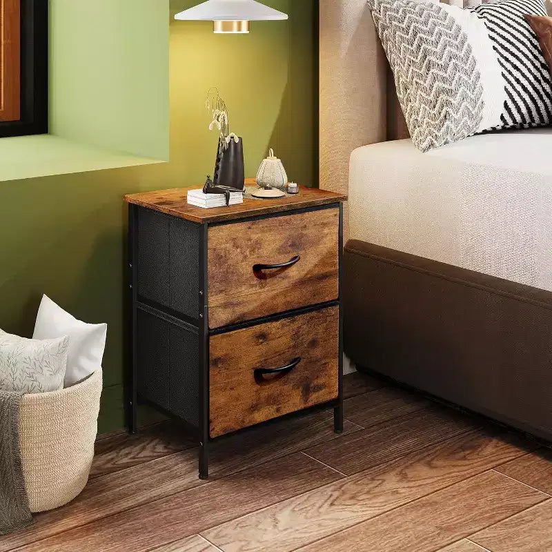 Nachttisch-Set aus 2 Stück, Kommode mit 2 Schubladen fürs Schlafzimmer, Schlafzimmermöbel, Nachttisch, Beistelltisch mit Stoffkörben für Schlafzimmer und Kleiderschrank