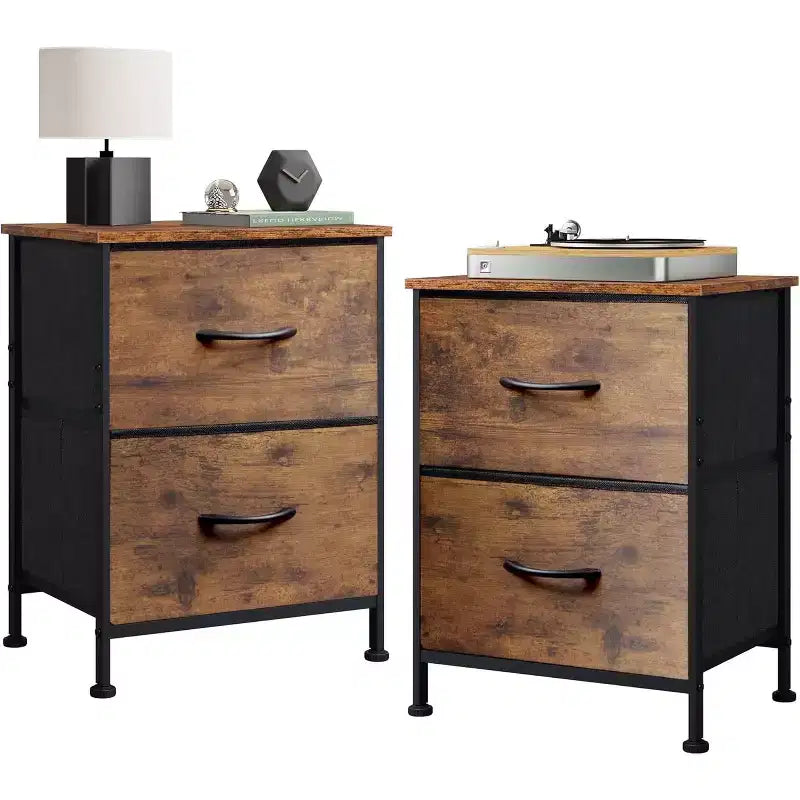 Nachttisch-Set aus 2 Stück, Kommode mit 2 Schubladen fürs Schlafzimmer, Schlafzimmermöbel, Nachttisch, Beistelltisch mit Stoffkörben für Schlafzimmer und Kleiderschrank