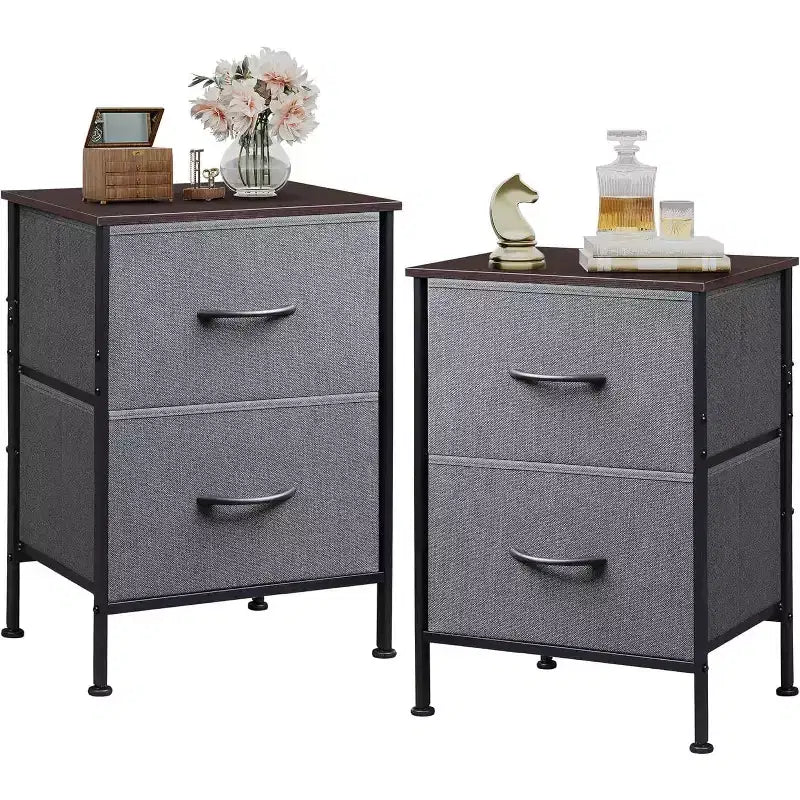 Ensemble de 2 tables de chevet, commode à 2 tiroirs pour chambre, meuble de chevet, table d’appoint avec paniers en tissu pour chambre ou placard
