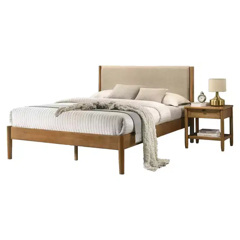 Ensemble de chambre à coucher de 2 pièces en hévéa, lit plateforme avec table de chevet
