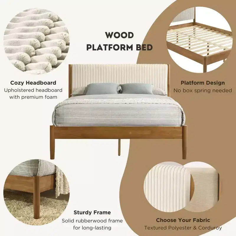 Ensemble de chambre à coucher de 2 pièces en hévéa, lit plateforme avec table de chevet