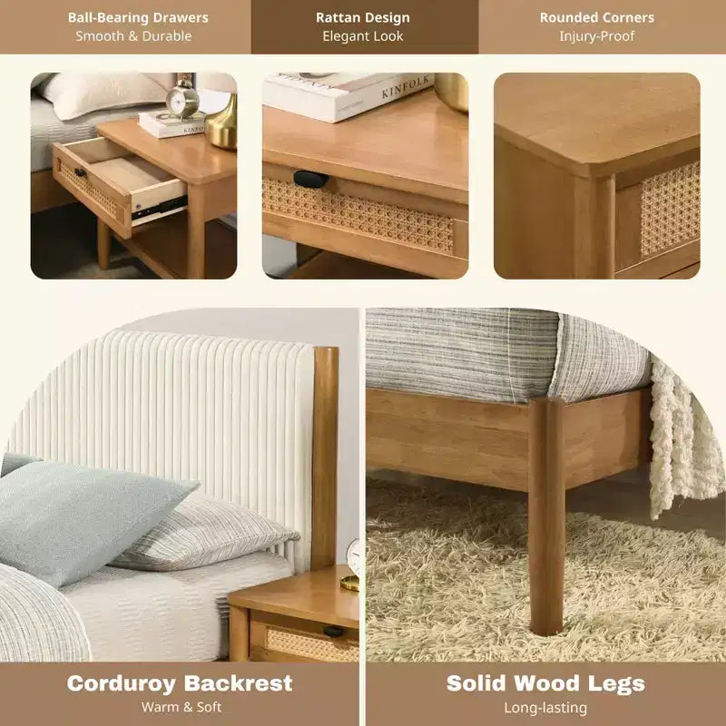 Ensemble de chambre à coucher de 2 pièces en hévéa, lit plateforme avec table de chevet