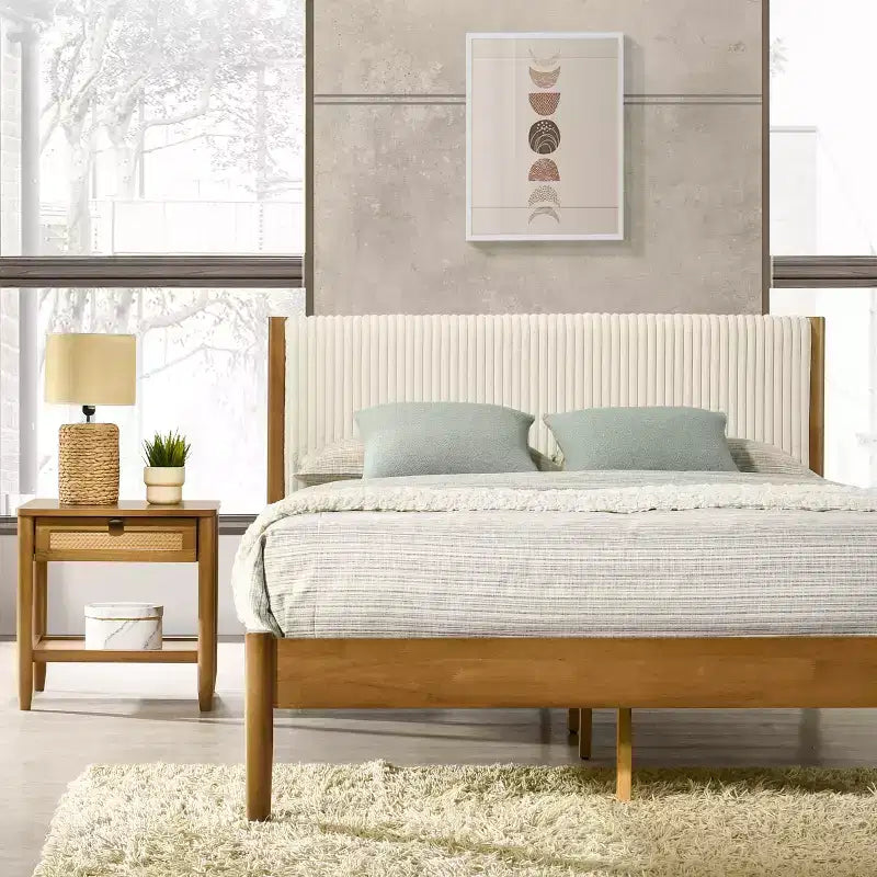 Ensemble de chambre à coucher de 2 pièces en hévéa, lit plateforme avec table de chevet