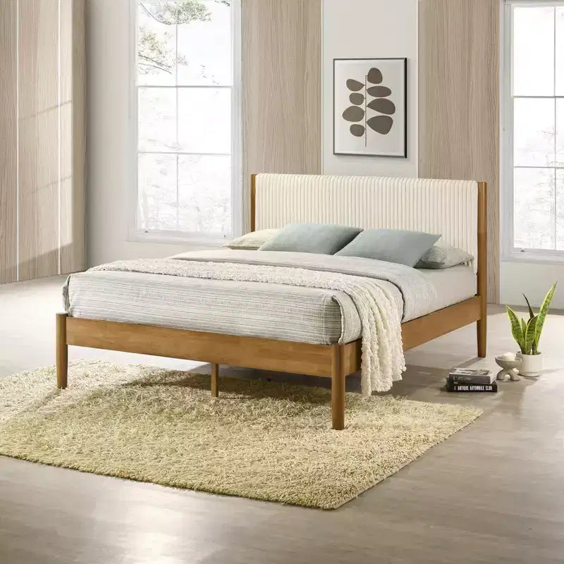 Ensemble de chambre à coucher de 2 pièces en hévéa, lit plateforme avec table de chevet