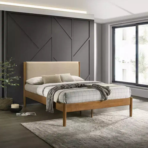Ensemble de chambre à coucher de 2 pièces en hévéa, lit plateforme avec table de chevet