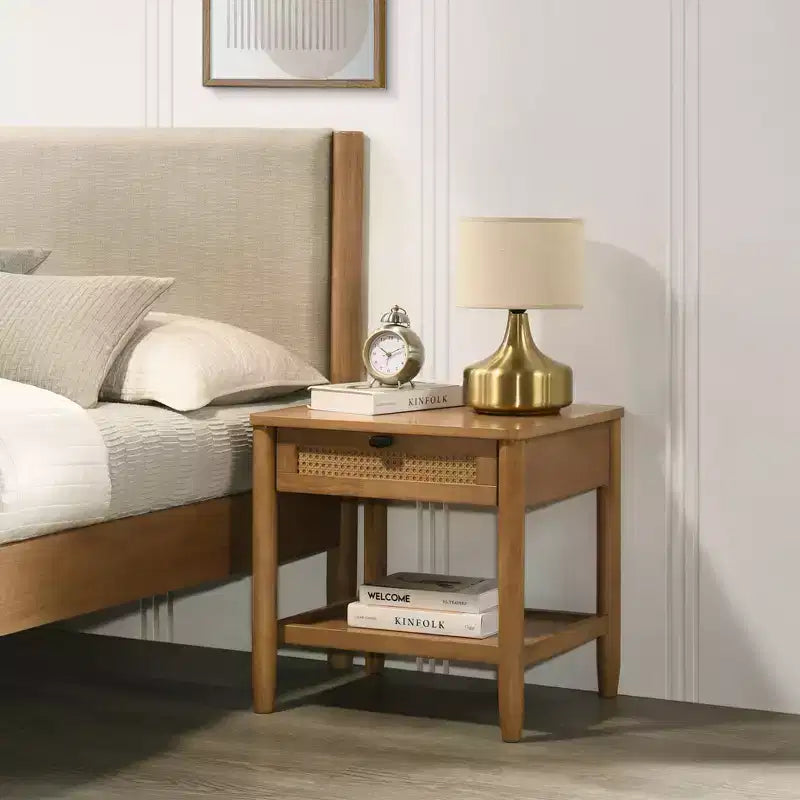 Ensemble de chambre à coucher de 2 pièces en hévéa, lit plateforme avec table de chevet
