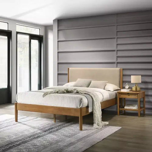 Roundhill Furniture Vichy 2-Piece Rubberwood Bedroom Set, Platform Bed with Nightstand
