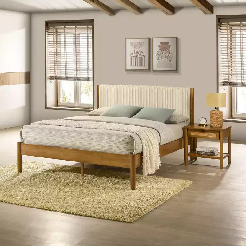 Ensemble de chambre à coucher de 2 pièces en hévéa, lit plateforme avec table de chevet