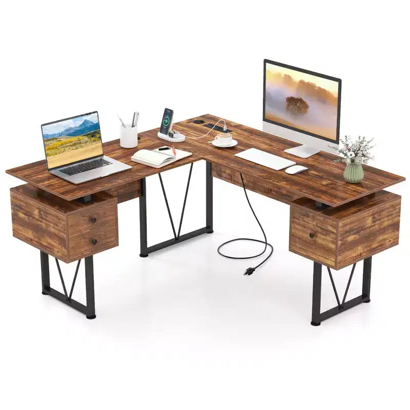 Bureau d’ordinateur en L de 59 avec prises de courant et 3 tiroirs de rangement, poste de travail informatique industriel avec cadre métallique robuste, brun rustique