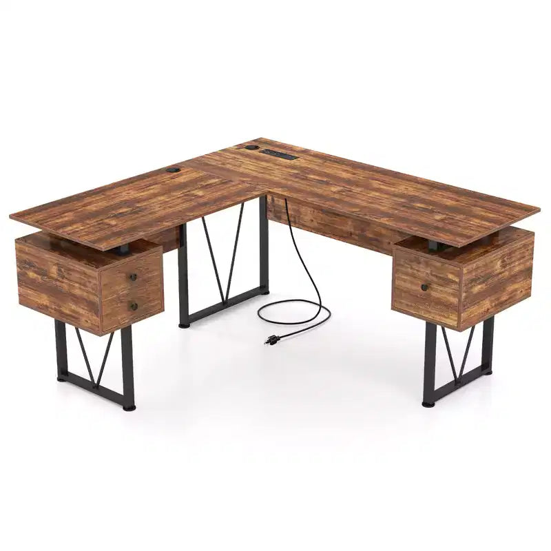 Bureau d’ordinateur en L de 59 avec prises de courant et 3 tiroirs de rangement, poste de travail informatique industriel avec cadre métallique robuste, brun rustique