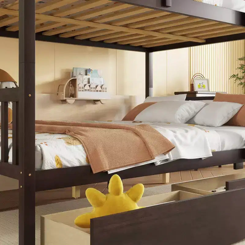 Lit superposé convertible en bois d’hévéa avec 2 tiroirs, échelle et barrières de sécurité