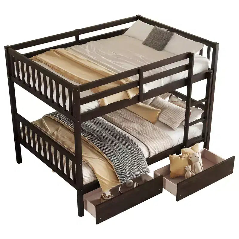 Lit superposé convertible en bois d’hévéa avec 2 tiroirs, échelle et barrières de sécurité