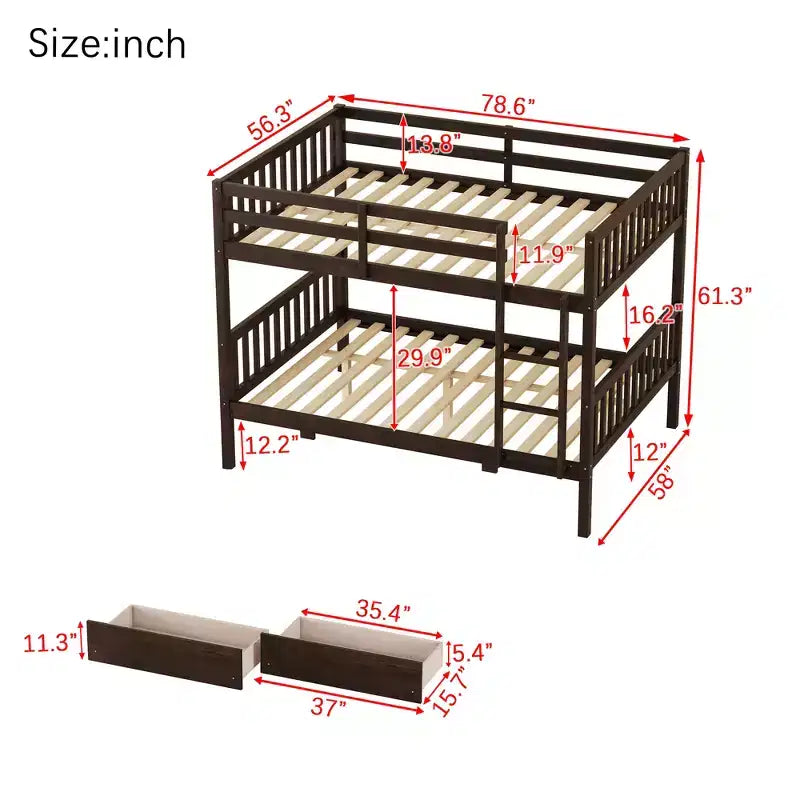 Lit superposé convertible en bois d’hévéa avec 2 tiroirs, échelle et barrières de sécurité