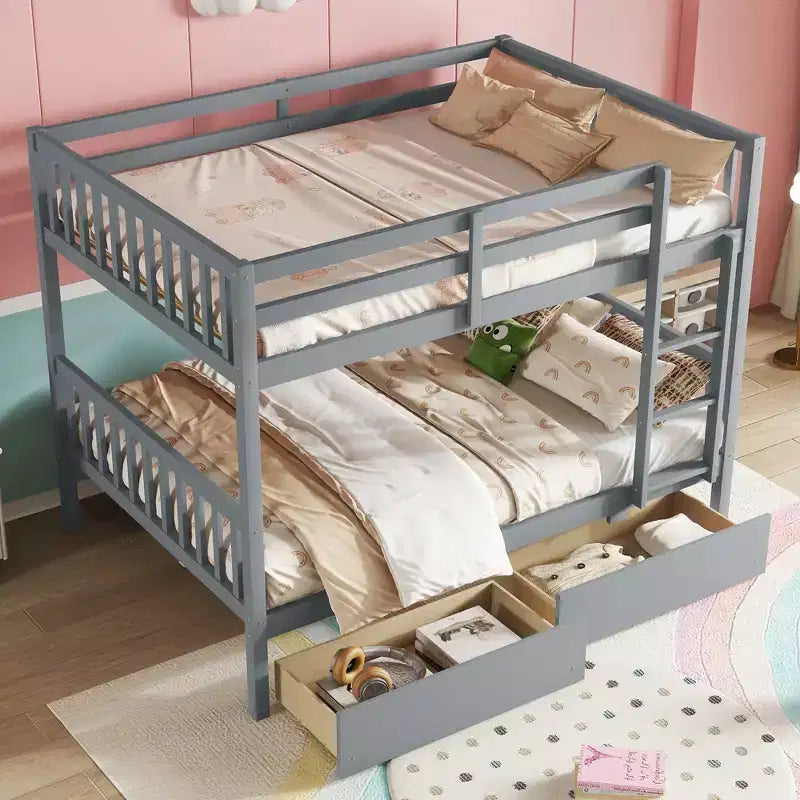 Lit superposé convertible en bois d’hévéa avec 2 tiroirs, échelle et barrières de sécurité