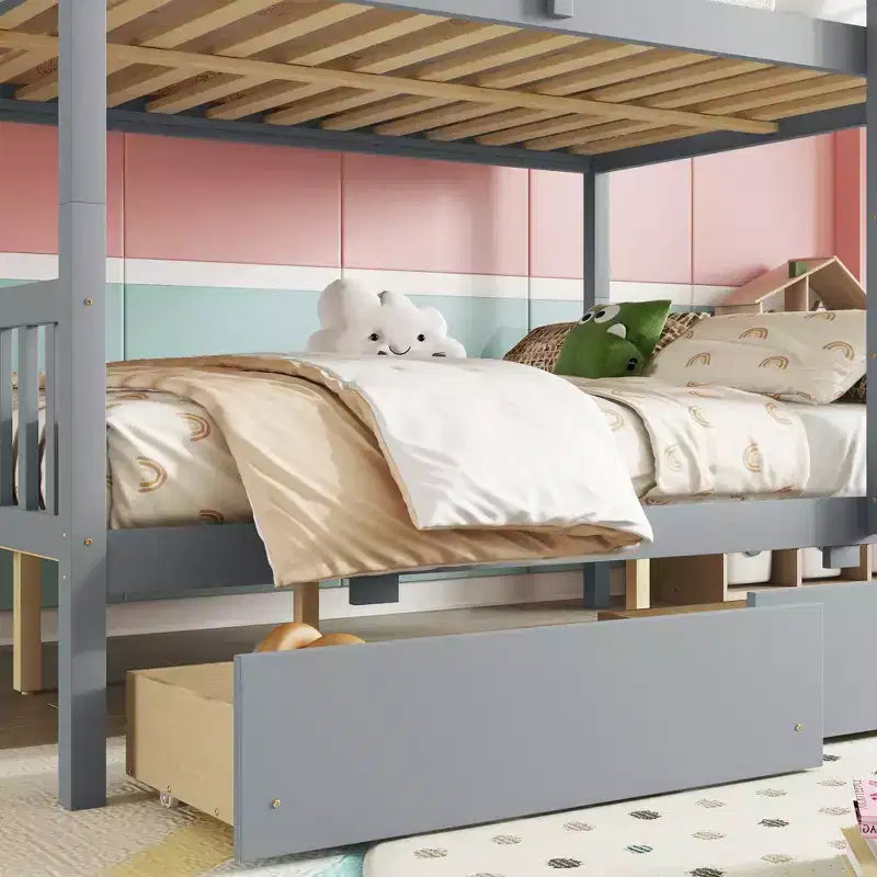 Lit superposé convertible en bois d’hévéa avec 2 tiroirs, échelle et barrières de sécurité