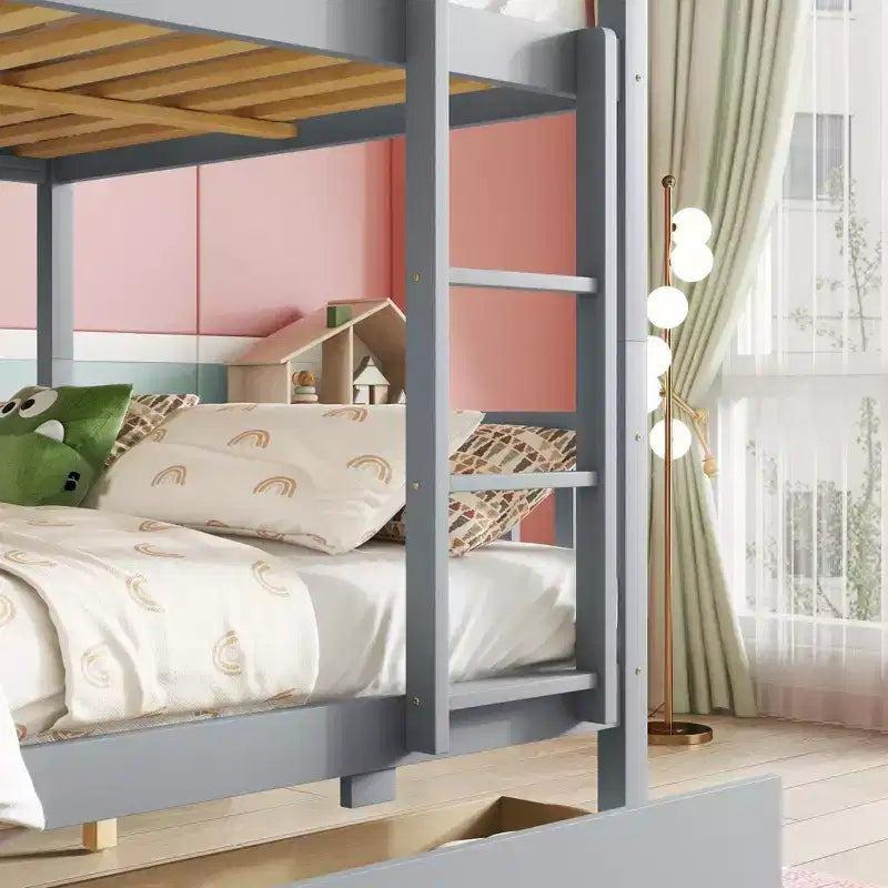 Lit superposé convertible en bois d’hévéa avec 2 tiroirs, échelle et barrières de sécurité