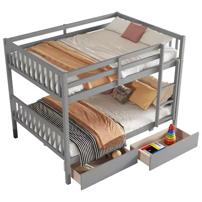 Lit superposé convertible en bois d’hévéa avec 2 tiroirs, échelle et barrières de sécurité