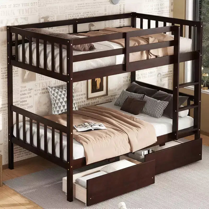 Lit superposé convertible en bois d’hévéa avec 2 tiroirs, échelle et barrières de sécurité