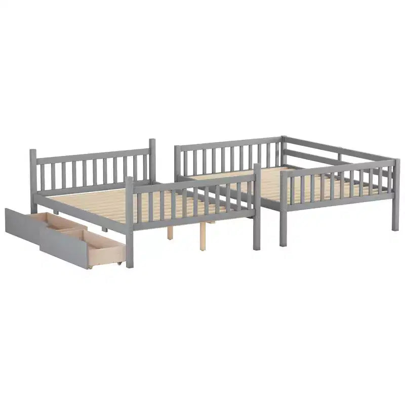 Lit superposé convertible en bois d’hévéa avec 2 tiroirs, échelle et barrières de sécurité