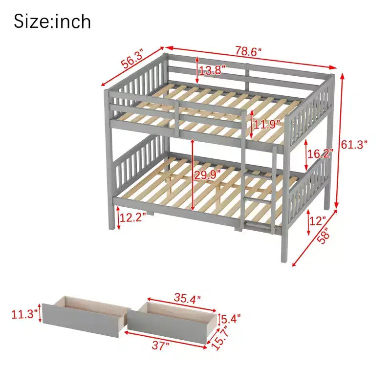 Lit superposé convertible en bois d’hévéa avec 2 tiroirs, échelle et barrières de sécurité