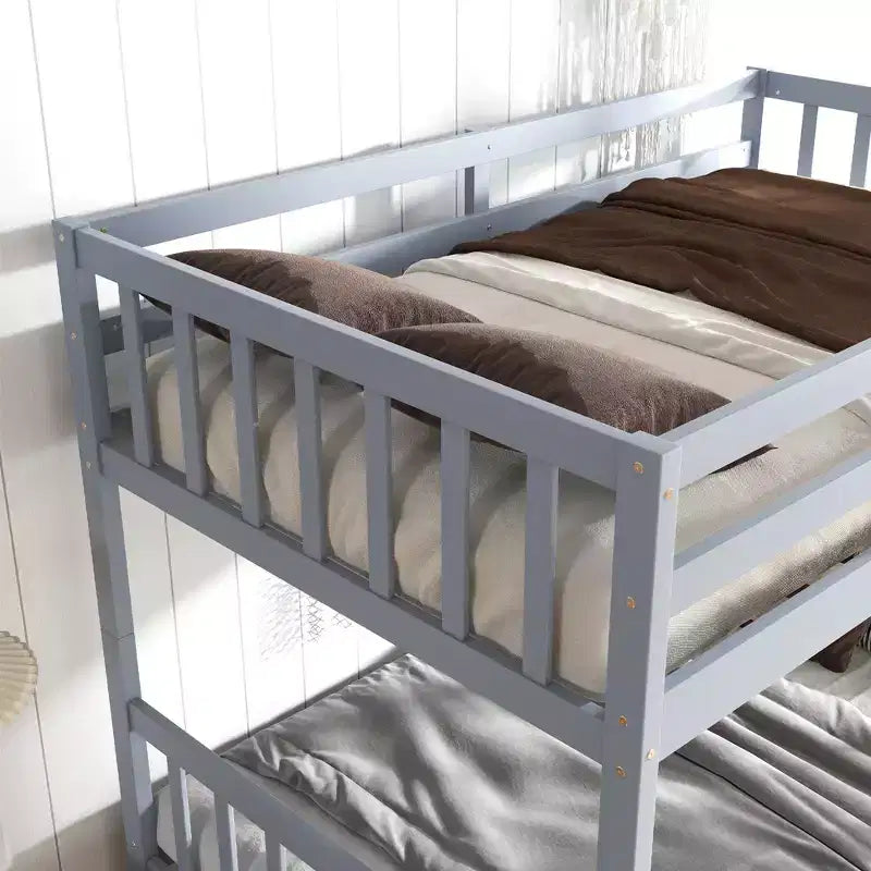 Lit superposé convertible en bois d’hévéa avec 2 tiroirs, échelle et barrières de sécurité