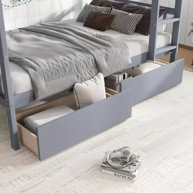 Lit superposé convertible en bois d’hévéa avec 2 tiroirs, échelle et barrières de sécurité
