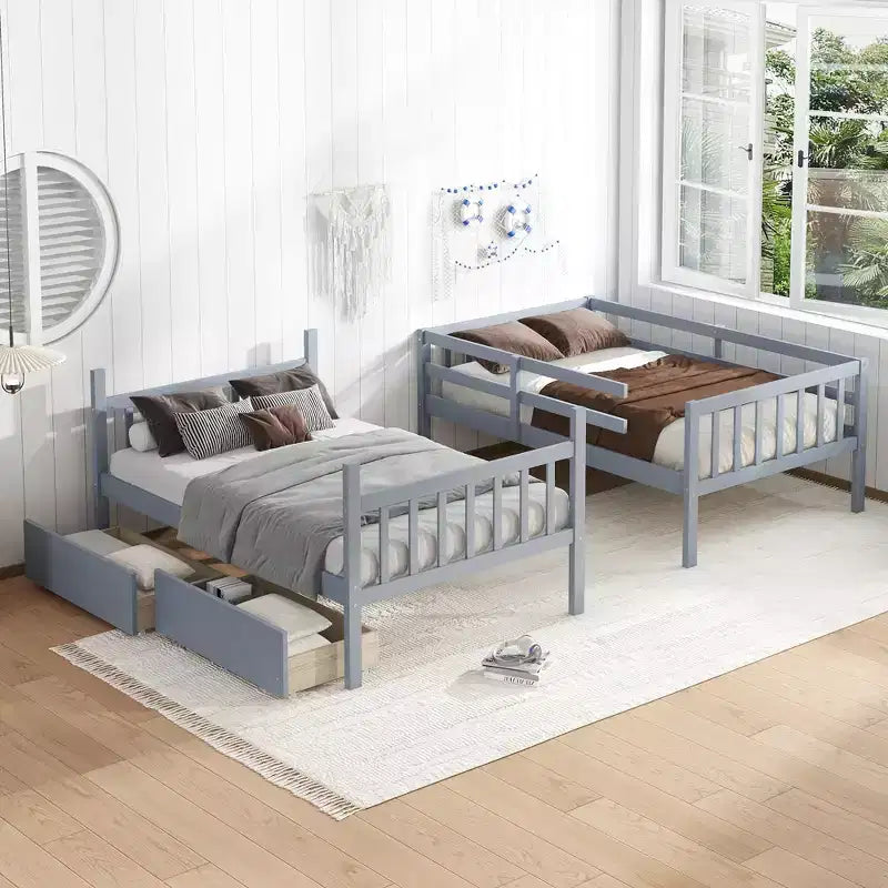 Lit superposé convertible en bois d’hévéa avec 2 tiroirs, échelle et barrières de sécurité