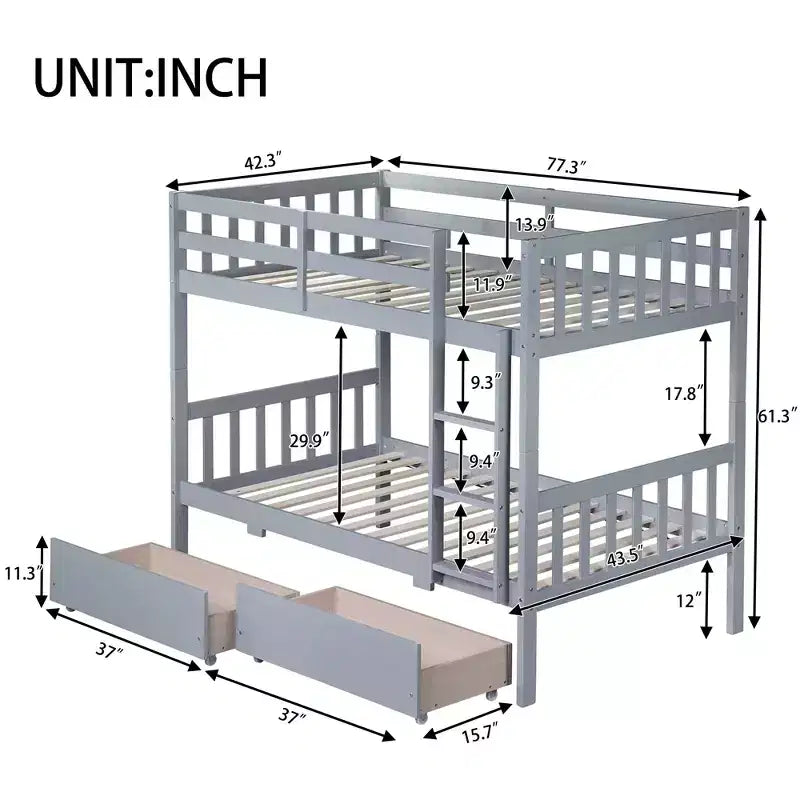 Lit superposé convertible en bois d’hévéa avec 2 tiroirs, échelle et barrières de sécurité