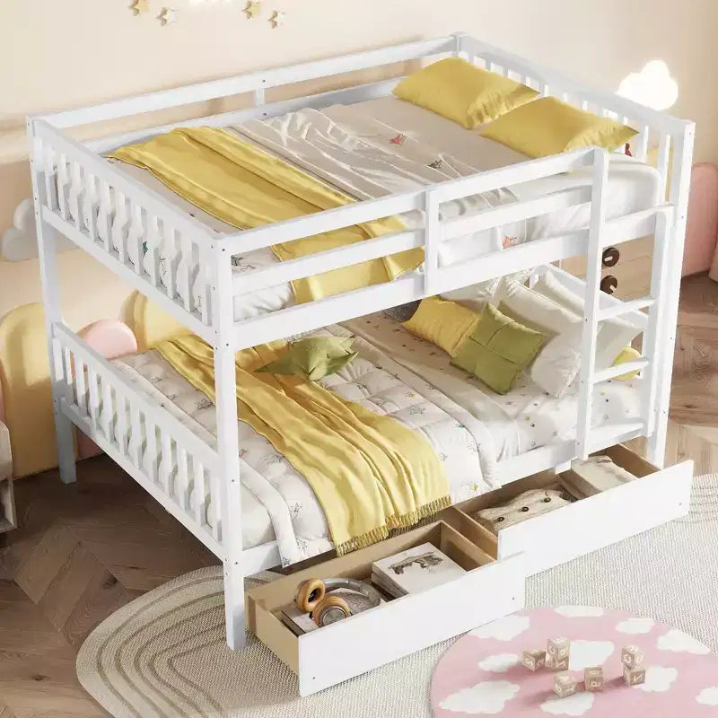 Lit superposé convertible en bois d’hévéa avec 2 tiroirs, échelle et barrières de sécurité