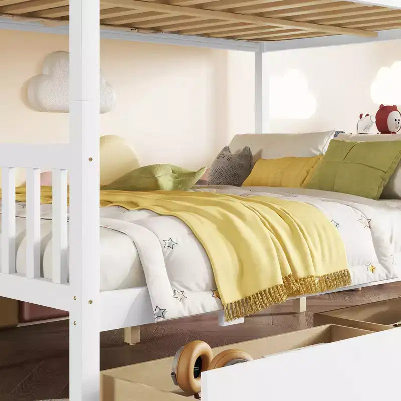 Lit superposé convertible en bois d’hévéa avec 2 tiroirs, échelle et barrières de sécurité