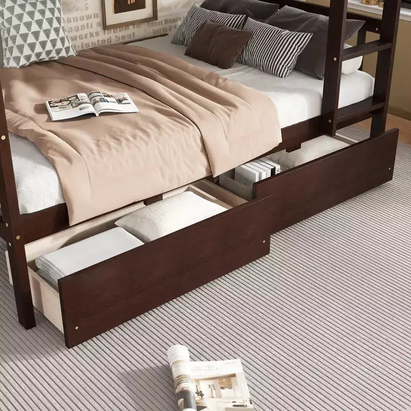 Lit superposé convertible en bois d’hévéa avec 2 tiroirs, échelle et barrières de sécurité