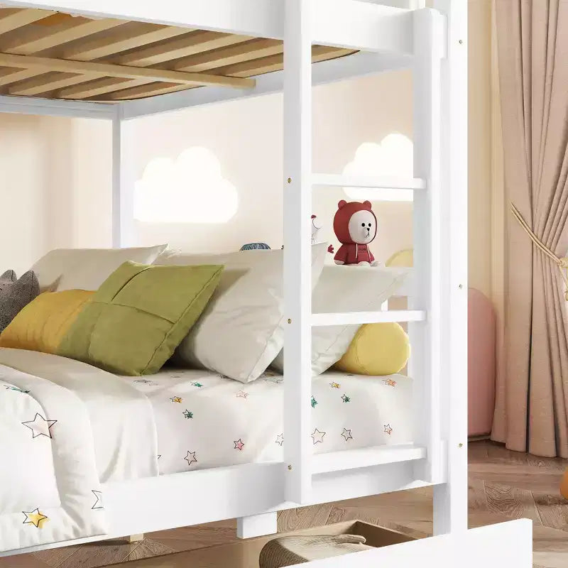 Lit superposé convertible en bois d’hévéa avec 2 tiroirs, échelle et barrières de sécurité